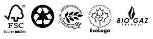 FSC, Recyclé, Ecologo, Procédé sans chlore et avec des encres végétales écologiques recyclables.